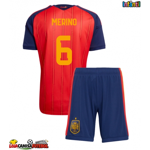 Camisa de Futebol Espanha Mikel Merino #6 Equipamento Principal Infantil Mundo 2026 Manga Curta (+ Calças curtas)